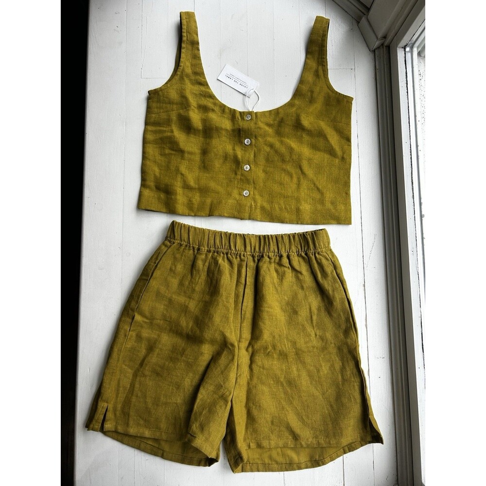 Laude The Label 100% Organic Linen Tank and Shorts Set Mustard Green Size XS/S